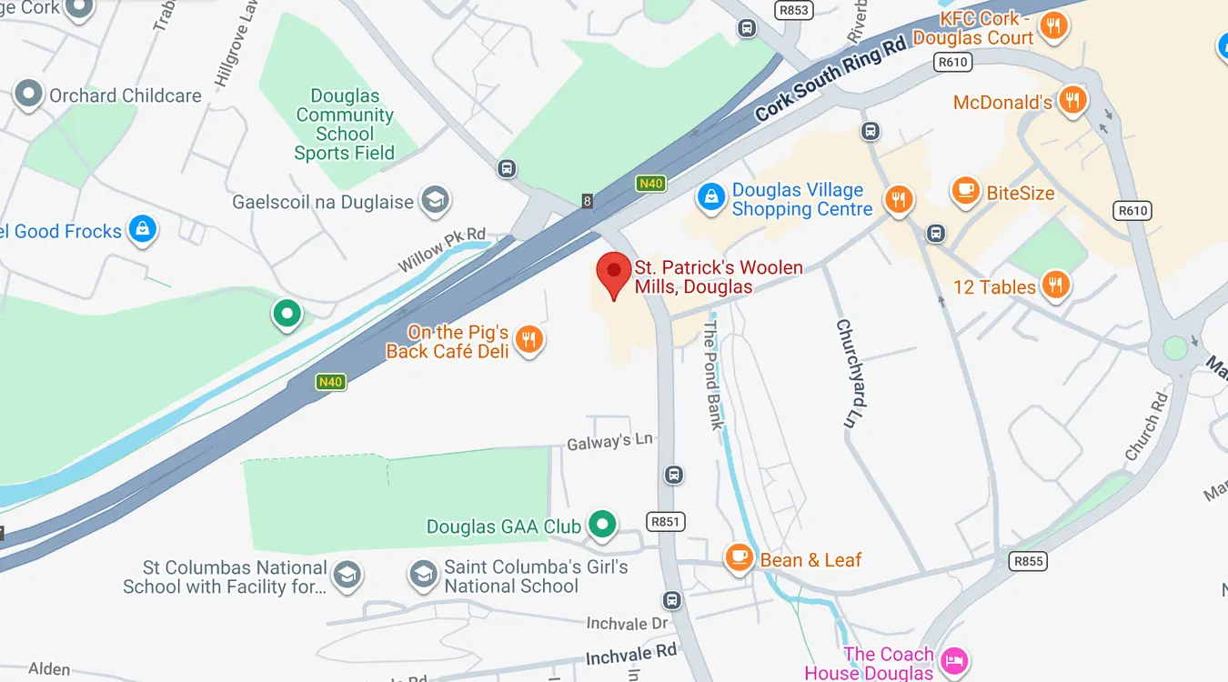 A map of Douglas, Cork, with St Patrick’s Woollen Mills marked