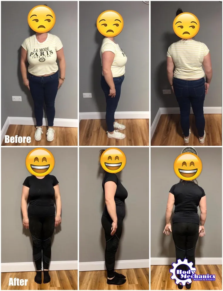 A before and after collage of a BodyMechanics client, with the face covered