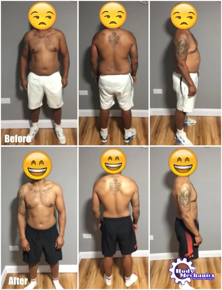 A before and after collage of a BodyMechanics client, with the face covered