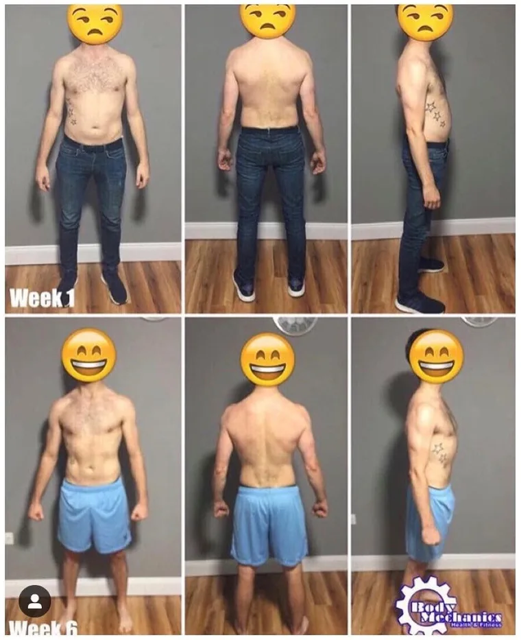 A before and after collage of a BodyMechanics client, with the face covered